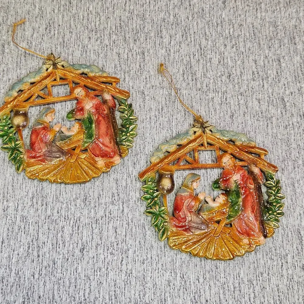 VTG 70s Christmas Tree Ornament Set of 2 Nativity Baby Jesus Mary Joseph Stable
